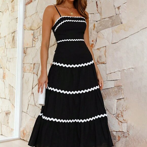 Black And White Sexy Women's Colorblock Spaghetti Strap A-Line Dress - Picture 1 of 7